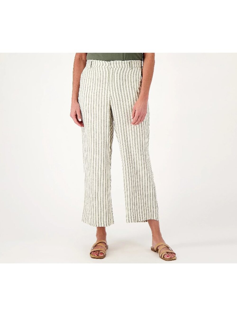 Candace Cameron Bure Crop Pants Size 24WP Flat Front Wide Leg Olive Ash Striped